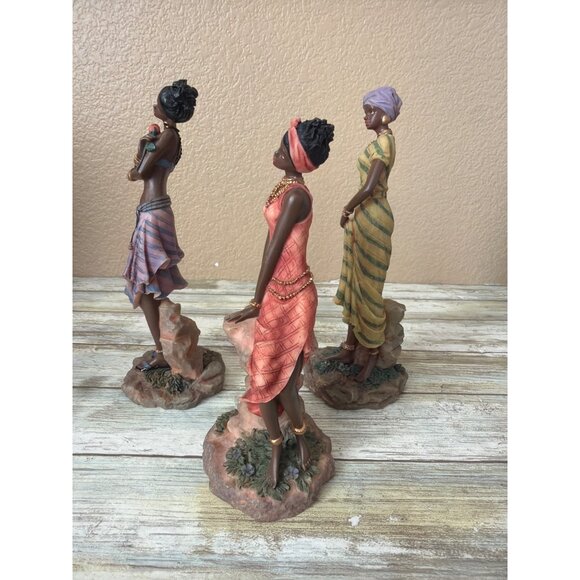 Lot Of 3 Elegant African Woman Figurines Hand Painted Resin Tribal Decor - Picture 3 of 14